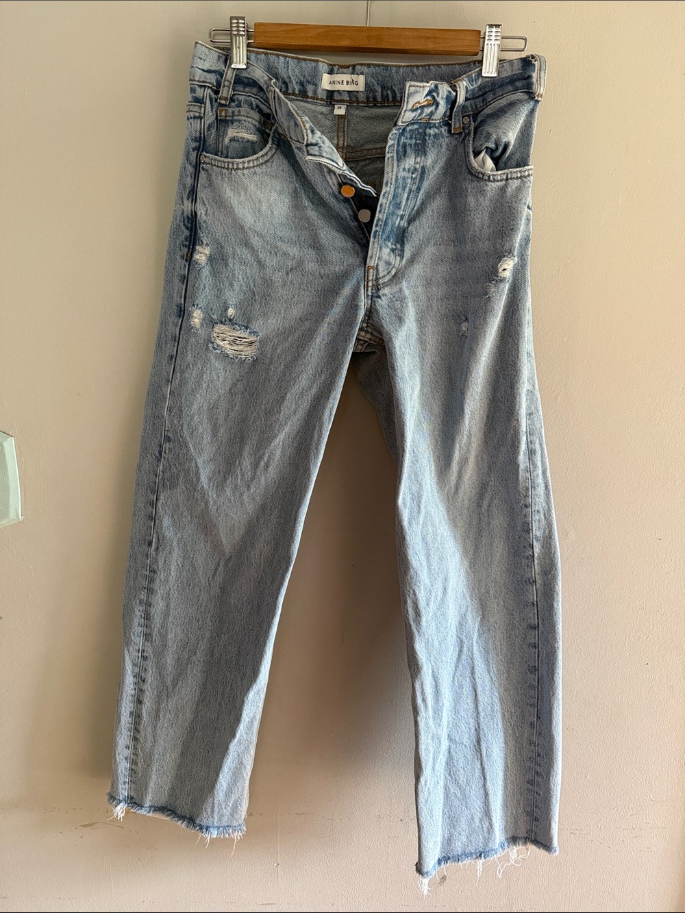 Anine Bing Light Wash Straight Leg Distressed Jeans